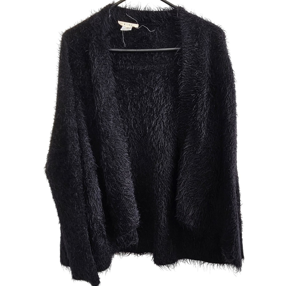 Kye Mi Black Eyelash Knit Fuzzy Open Front Cardigan Sweater Womens‎ Small